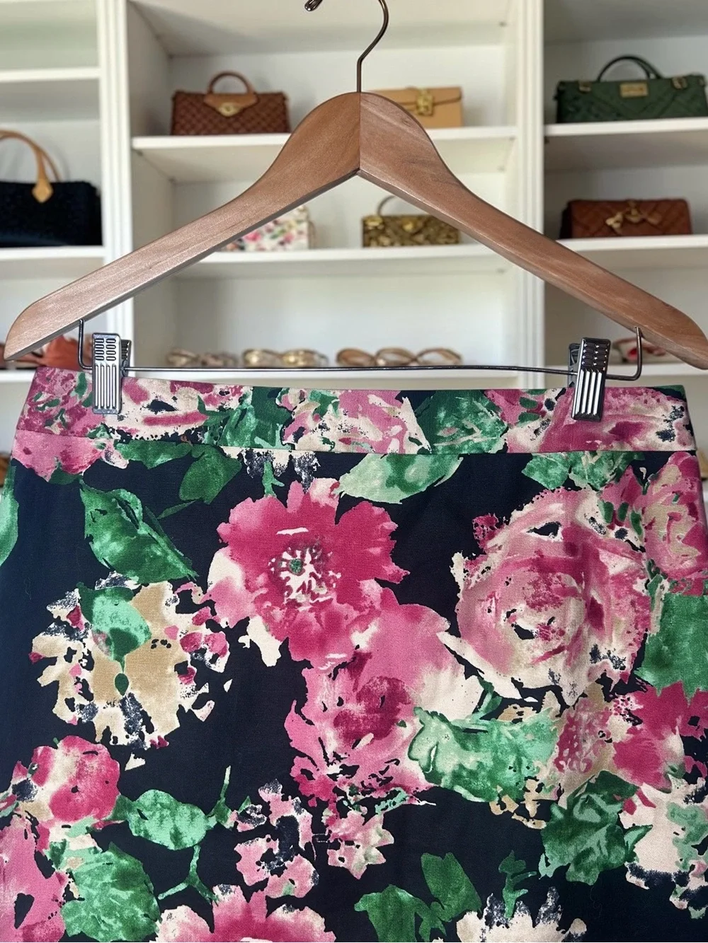 Talbots Floral Pencil Skirt Size 8 Navy Pink Green Career Garden Party